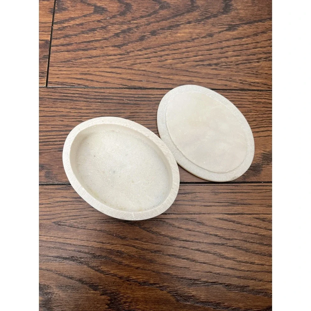 Vintage Mother of Pearl Inlay Alabaster Lidded Oval Trinket Box 4